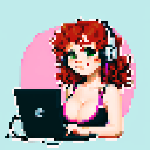 cute, curly redhead with green eyes, smiling, cleavage, head phones, pink and black dress, sitting at gaming desk with grey cat, pixel art, sRGB