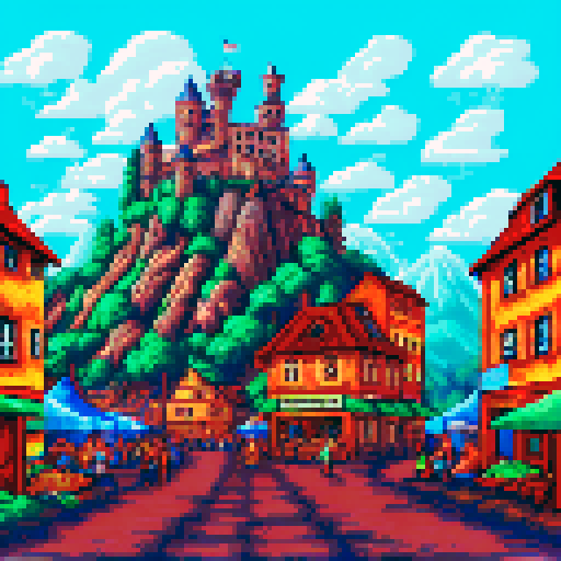 Crowded, bustling medieval market with colorful stalls selling fresh fruits, vegetables, meats, and baked goods; narrow cobblestone streets lined with wooden merchant shacks; castle towers and church spires rising above the bustling scene; all depicted in a vivid, sRGB pixel art style with a detailed background landscape