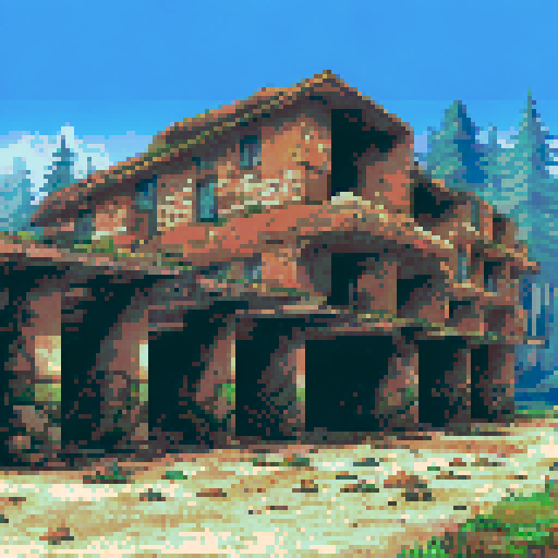 decaying bunker in the woods covered in moss, tall redwood trees rising up like pillars, long shadows cast by setting sun