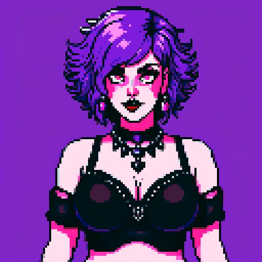 Plus size busty goth girl face, purple hair, black eyeshadow, red lipstick, bikini, studded collar, sexy seductive glamour shot. vibrant srgb colors, pixel art, edgy aesthetic
