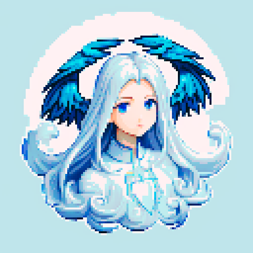 Beautiful ethereal angel with chrome wings, flowing hair, and a serene expression, rendered in pixel art with crisp, defined lines and a vibrant sRGB color palette. clearly defined facial features