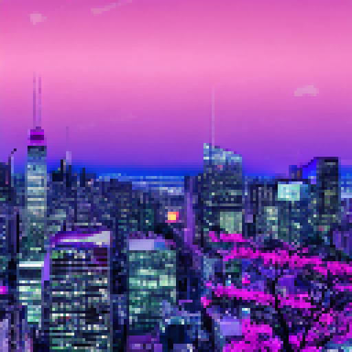 Syntwave cityscape with glowing purple neon lights and towering buildings juxtaposed against a backdrop of blooming sakura flowers.