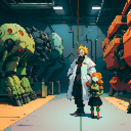 fat mad scientist, facing left, full-body image, exaggerated features, pixelated details, giant robot, mechanical limbs, robot workshop backdrop, sRGB color palette