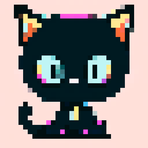 cat, vibrant colors, geometric shapes, low resolution, retro aesthetic, blocky pixels, bold outlines, limited color palette, 8-bit, playful expression, stylized whiskers, symmetrical composition
