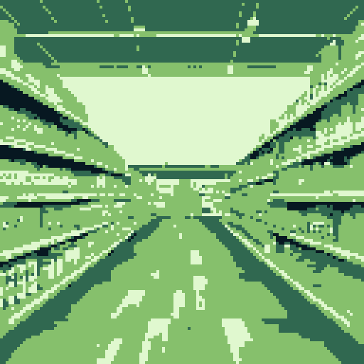 pixelated shelves, colorful cereal boxes, retro soda cans, fluorescent lights, shopping carts filled with groceries, checkout counters, price tags, patterned linoleum floor, handwritten signs, vinyl flooring, shopping aisle markers, nostalgic product packaging, shopping baskets, shopping list on paper, shopping bags, handheld scanners, shopping receipts, magazine rack, tabloid headlines, lottery ticket dispenser, shopping carts in rows, shopping aisle signs, pixel art with strong dark outlines