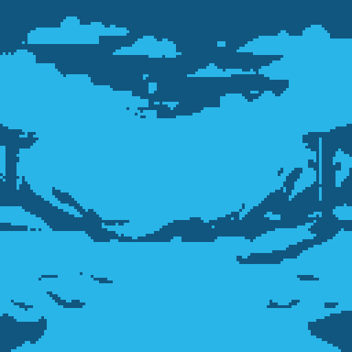 Daytime winter background scene with large sky, snow, mountains and trees