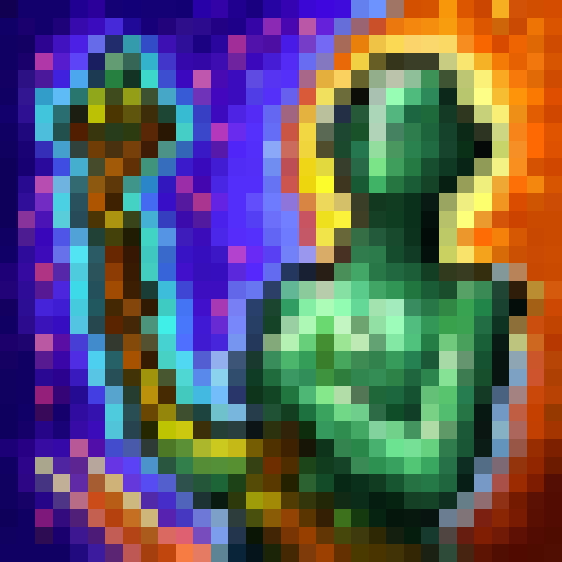 Shaman performing a ritual dance under a full moon, surrounded by glowing mushrooms and a snake coiled around their arm, depicted in 32x32 skill art.