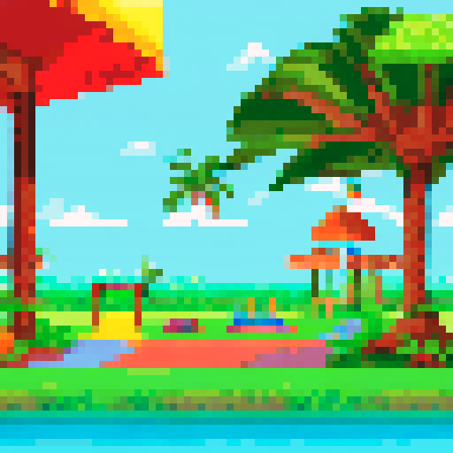 Tropical playground with vibrant, colorful slides, swings, and a sandbox surrounded by lush palm trees, with a pixel art school building in the background, all set against a beautiful sRGB background landscape