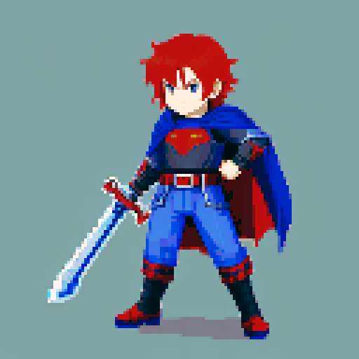 JRPG character with red hair, silver armor, blue pants, black cape, brown shoes, wielding a sword, rendered in pixel art style with vibrant sRGB colors