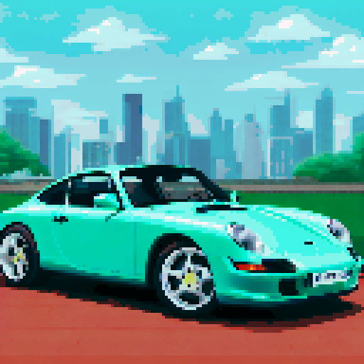 Photorealistic whole Porshe 911, three-quarter view, right front wheel, clean background, sRGB colors, pixel art style
