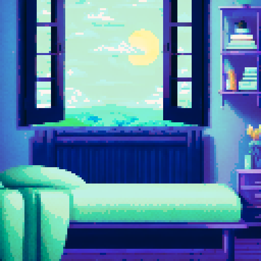 A modern teenage witch's bedroom. The room should have a mystical and whimsical atmosphere. Include a cozy bed with a canopy draped in fairy lights, shelves filled with spell books, potion bottles, and magical artifacts. Add a small cauldron on a wooden table with a spell being cast, emitting a soft, glowing light. The walls should have posters of celestial patterns, moon phases, and mystical symbols. Include a window showing a starry night sky with a full moon. Decorate the room with plants, cr
