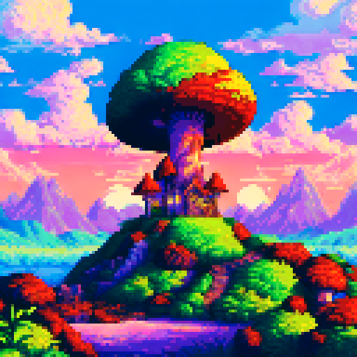 fantasy mushroom hut with fairies flying, whimsical pastel-colored leaves, light shining through trees, landscape