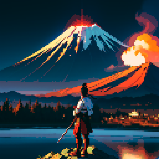 Japanese samurai, on top of mountain, with unweilded sword full of blood dipping onto the floor, and with view of a burning shrine and Mt Fuji in the background.
