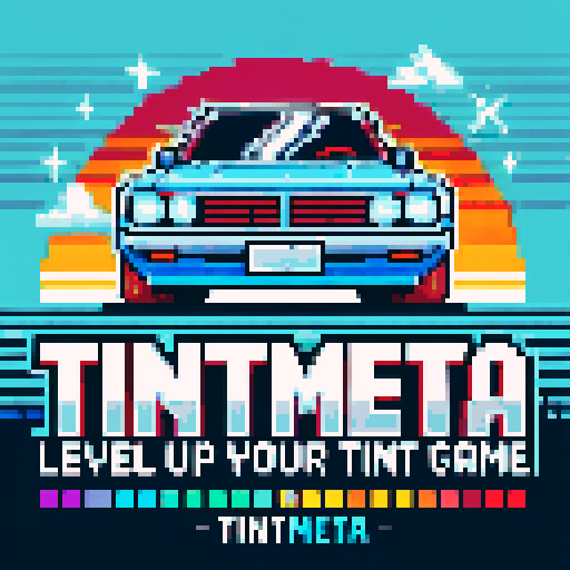 TintMeta Logo in boxy video game pixels, pixelated car driving through a vibrant 90s color palette