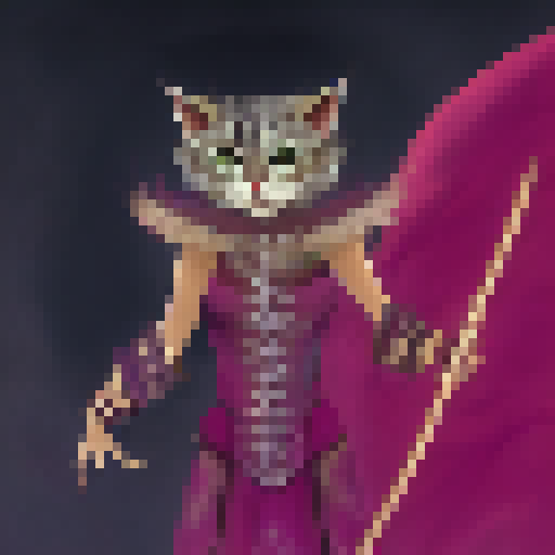 Fierce feline warrior, brandishing a magical sword, stands atop a tower of bones overlooking a misty, enchanted forest.