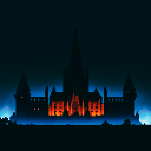 dark edgy background, hellish background, black and blue colors, night, ruins, medieval castle, big evil castle