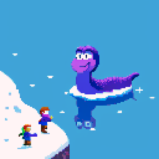 Large purple smiling loch ness dinosaur, frozen lake, winter, monkey on top
