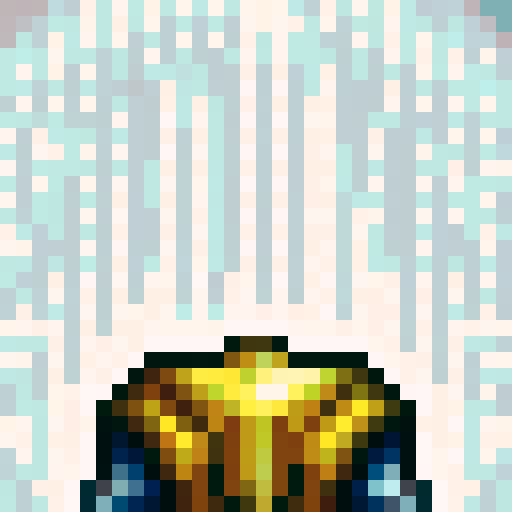 helmet, game icon, 32x32 pixel art, sRGB, skill art, close up, portrait, metallic shine, intricate details, engraved patterns, vibrant colors, reflection of light, embossed textures, glossy finish, sharp edges, futuristic design, worn and battle-hardened appearance