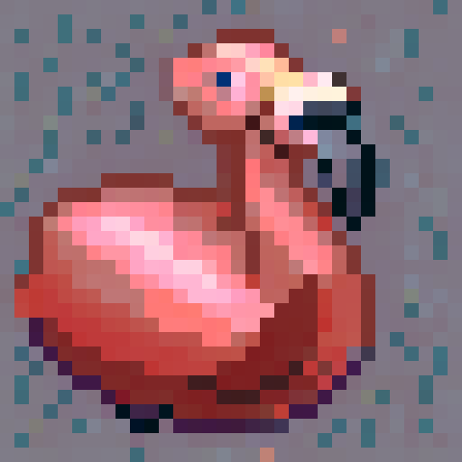 Feathered, pink flamingo with a slender neck, captured in close-up portrait, skillfully rendered in 32x32 pixel art with a graffiti-style twist