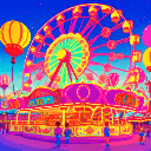 wide shot amusement park, vibrant colors, bustling crowds, whimsical carousel, towering roller coaster, neon signs, ferris wheel in motion, candy-colored stalls, swirling cotton candy, children with balloons, animated characters, pixelated fireworks illuminating the night sky, pixel art style, sRGB color profile