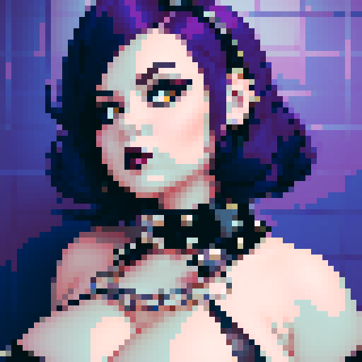 curvy, busty goth babe with studded collar. Full head portrait. big titty goth, in a close up glamour shot. Wearing Halter top. modern tile backsplash.