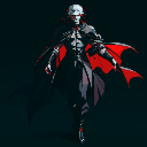 full-body image, male vampire final boss, dark and brooding, glowing red eyes, sharp fangs, pale skin, flowing black cape, menacing stance, intricate details, sRGB, pixel art, gothic cathedral interior background