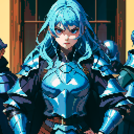 Give me a sprite for a main character in blue armor facing left, right, down, and up