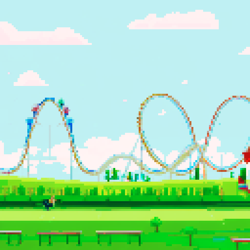Amusement park, vibrant roller coasters, whimsical carousels, towering ferris wheels, vibrant colors, pixel art