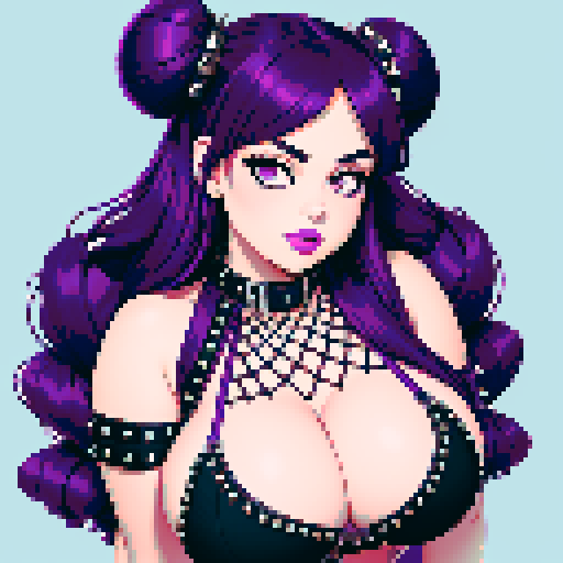 Portrait of Thicc, curvy, busty goth babe with studded collar, long purple hair in buns, fishnet stockings, studded halter top, posing sexy. pixel art, sRGB.