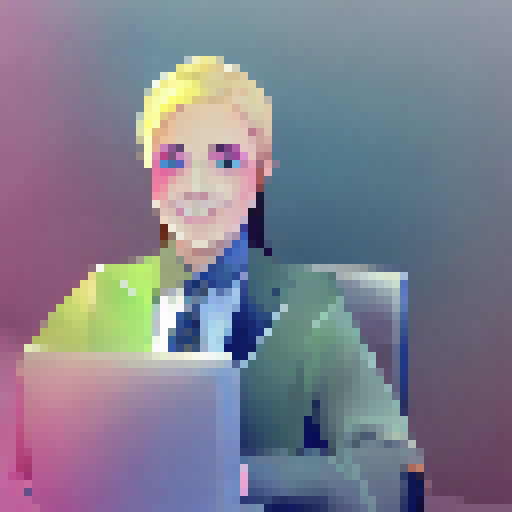 "Stylish girl in modern office blends landscape and portrait art styles in her design, surrounded by sleek technology and vibrant colors."