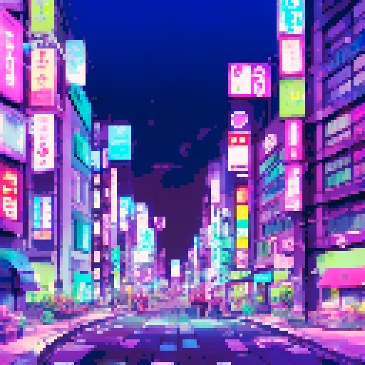 tokyo skyline, towering neon buildings, vibrant pink and purple hues, glowing streets, illuminated bridges, dreamy vaporwave vibes