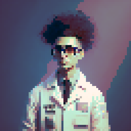 adult male scientist, short blonde hair, parted down the middle, round glasses, World War 2 style, sRGB, pixel art, fantasy RPG