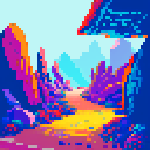 rocky path, vibrant colors, pixelated textures, jagged edges, low resolution, sRGB color space