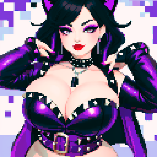 curvy, cute goth cat girl face, black hair, purple eyeshadow, red lipstick, studded leather, face portrait, glamour shot, vibrant sRGB colors, pixel art