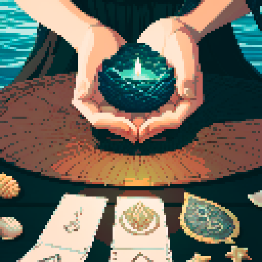 A close-up of a woman's hands over a table during a tarot card reading in a medieval dark style. The table is adorned with elements of the ocean such as sea shells, sand, and small pieces of coral. The atmosphere is mystical and dimly lit, with candlelight casting shadows that enhance the eerie and magical mood. The woman's hands are gracefully poised over the cards, which also have oceanic designs like waves and mermaids. With a dark ambient light.