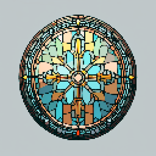 I want a beautiful circular stained glass window framed in copper with rivets around the edge. I want this object usable an asset in a videogame, meaning only one object per image, outlined with a strong black stroke, on a solid-color background.