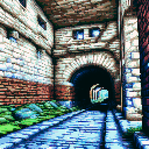 tunnel, dreamlike, liminal, cracked stone, moss, train tracks, lights