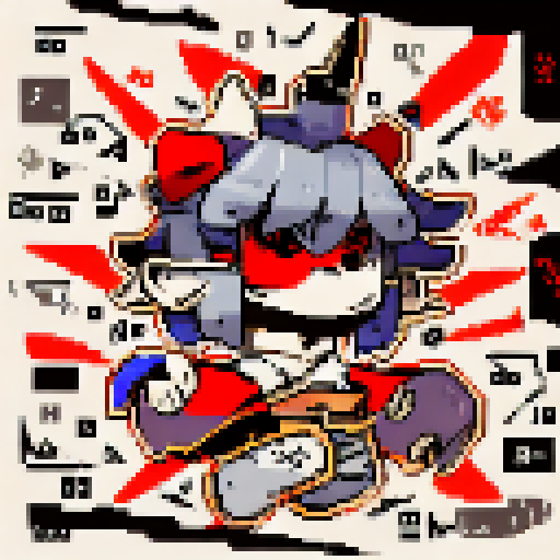 Pixelated caricature of a fierce, samurai warrior with a menacing expression, featuring bold black lines and sharp angles, all rendered in a monochromatic palette.