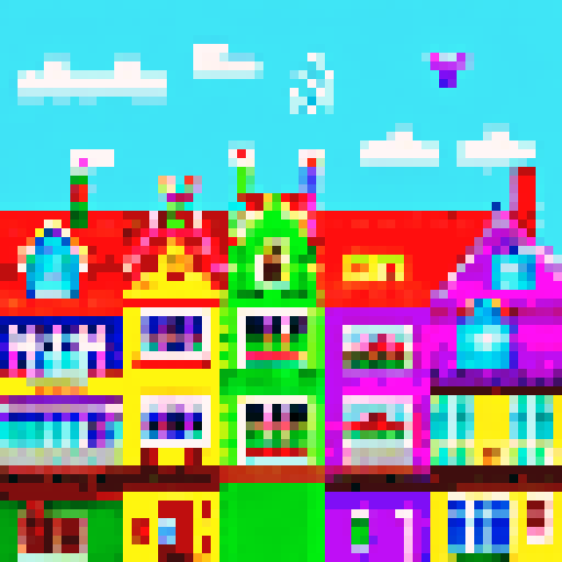 Colorful, whimsical, pixelated houses with vibrant rooftops, a mysteriously glitched, out-of-place abode, sRGB, pixel art