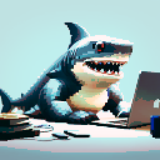 shark with sharp teeth, blue laptop screen reflecting its eyes, pixelated waves crashing in the background