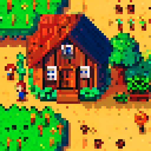 Stardew valley farmer tending to vibrant, pixelated crops under the warm, sRGB sun