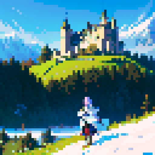 Knight sleeping under a tree while a castle sits in the background. Snow-capped hills. All rendered in a vibrant, pixelated art style on an sRGB background