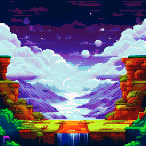 celestial skywalk, platforms floating in the ethereal abyss, vibrant colors contrasting against a dark sRGB background, pixel art depicting a majestic landscape, clouds