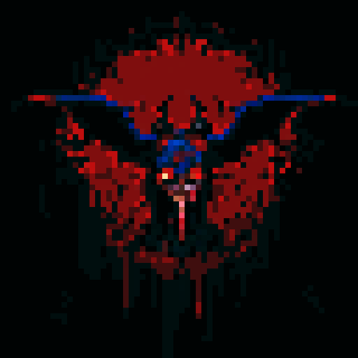blood splatters, baphomet, dark shadows, gruesome violence, pixelated gore, vibrant red hues, intense contrast, jagged edges, macabre artistry, detailed dismemberment, visceral horror, pixelated blood, chilling brutality, sRGB color palette, hauntingly beautiful, gruesome pixel art