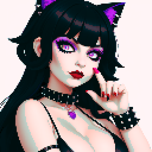 Cat girl, curvy, busty goth,  cute goth woman with black hair, purple eyeshadow, and red lipstick, wearing a bikini, studded collar, portrait, face avatar, in a glamour shot, sRGB color