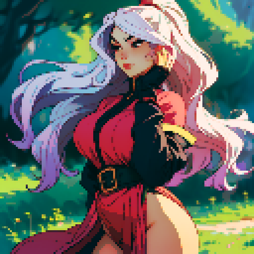 Seductive, curvaceous woman with flowing hair, skillfully pleasuring throbbing member, pixelated sRGB art style