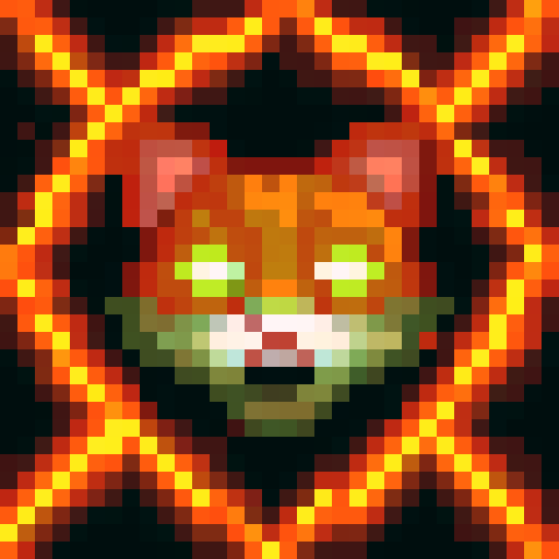 Close-up of a mischievous, orange tabby cat with lighter orange stripes, rendered in skillful pixel art with a game icon style