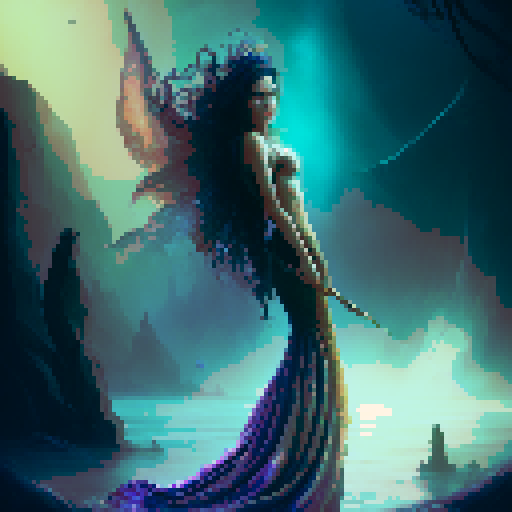 A mystical mermaid in a dark medieval style, wearing an ethereal, shimmering crown. She is pouring water from two vases, one in each hand, into a lake and onto the ground. The scene is set beneath a night sky filled with twinkling stars, enhancing the magical atmosphere.