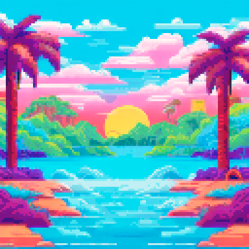 Palm trees swaying in the warm breeze, crystal clear ocean water lapping at the sandy shore, and colorful beach towels scattered across the landscape