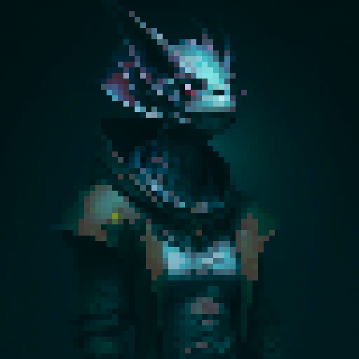 goblin-like kobold with glowing yellow eyes, horns, and scaly dark blue skin, wielding a curved bone dagger, wearing a dark cloak, fantasy RPG, dark and gritty